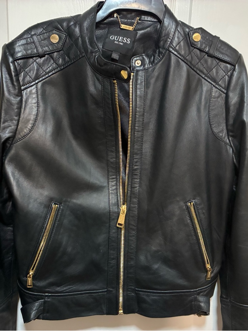 Guess Black Leather Jacket with Gold Hardware Size Large